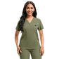 V neck short sleeve scrub top with a chest pocket and two lower patch pockets