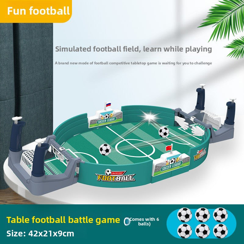 Green desktop football battle game with six balls, goals and launchers, size 42 by 21 by 9 cm