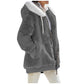 Women's loose plush hooded zip jacket with a contrast lined drawstring hood and two zip pockets