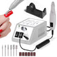 Pen style nail drill handpiece held for close control along the nail edge