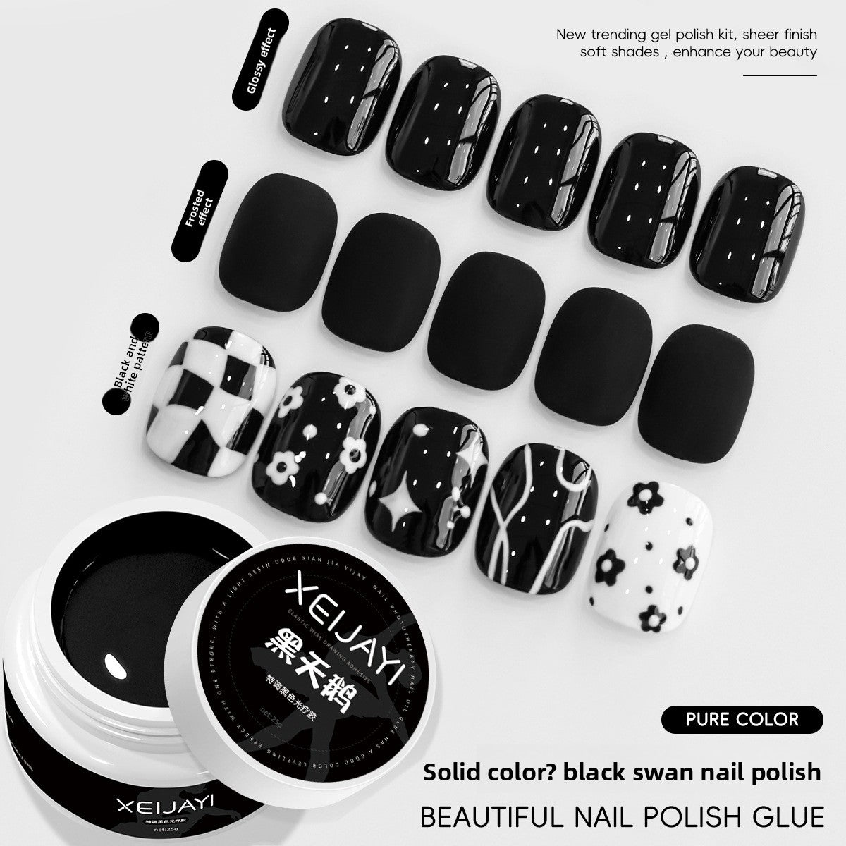 Close up of opaque black nail lacquer high shine finish