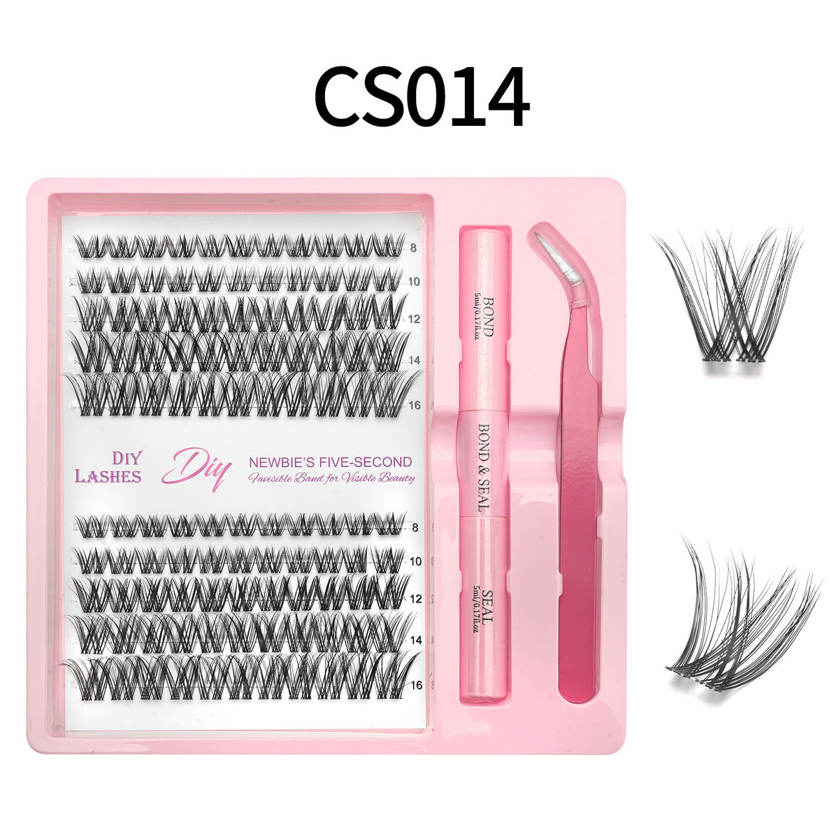 Lash cluster style CS14 in a 10 row tray with dual-ended glue pen, tweezers and a close-up of the cluster shape