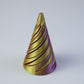 Yellow and purple gradient spiral cone with visible print layer lines along each turn