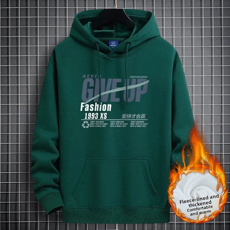 Dark Green fleece-lined hooded sweatshirt with a NEVER GIVE UP graphic and front pocket, size 4XL option