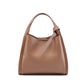 Khaki leather bucket bag front view showing structured body and top handle