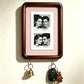 Option 8inch Hook Style 4: dark wood wall photo frame with fine pink striped backing and two key hooks