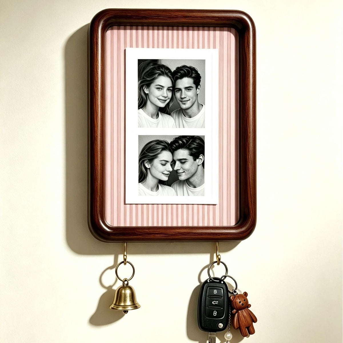 Option 8inch Hook Style 4: dark wood wall photo frame with fine pink striped backing and two key hooks