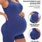Black maternity seamless romper front view on a pregnant model