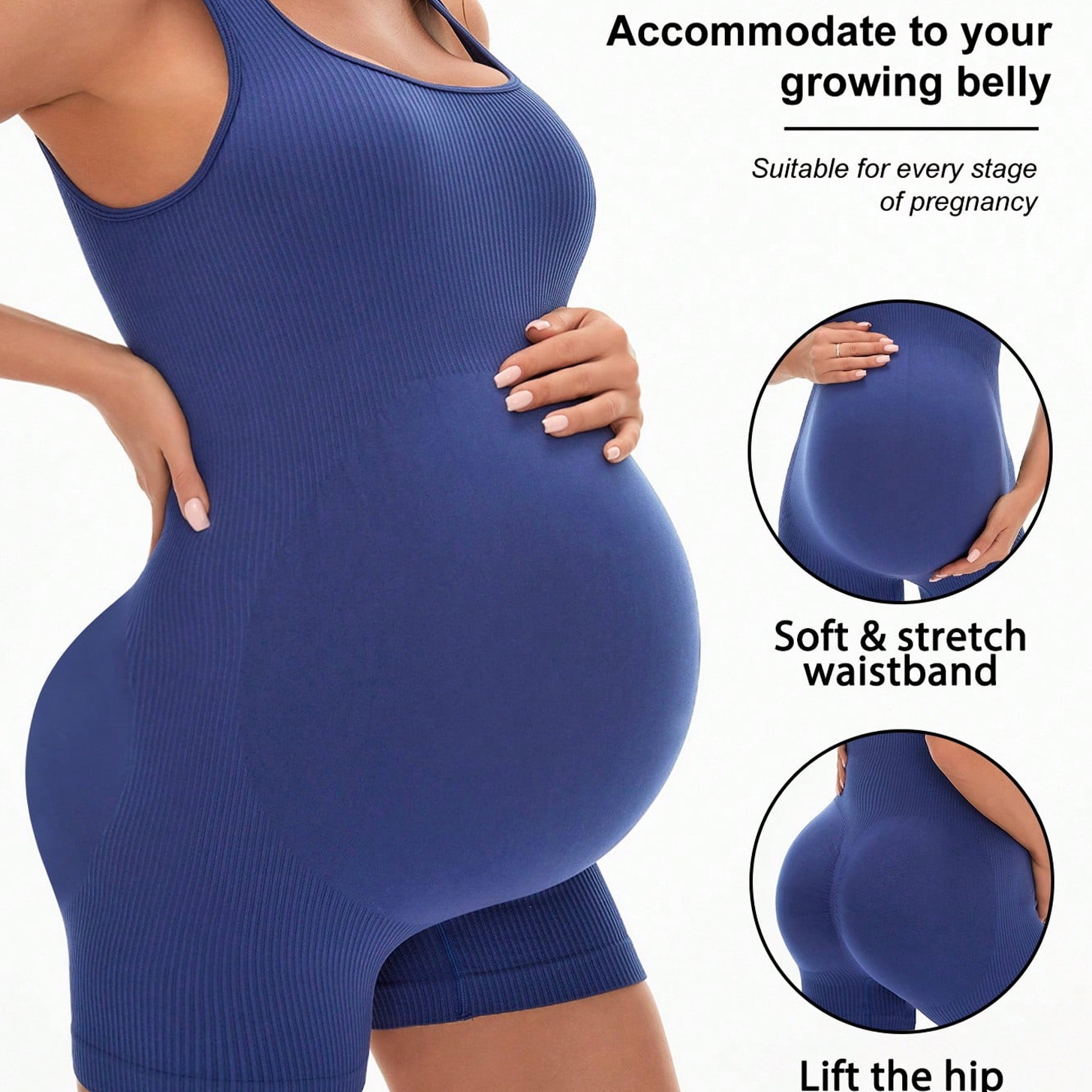 Black maternity seamless romper front view on a pregnant model
