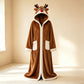 Reindeer brown plush hooded robe with antlers on the hood, red nose and cream front pockets
