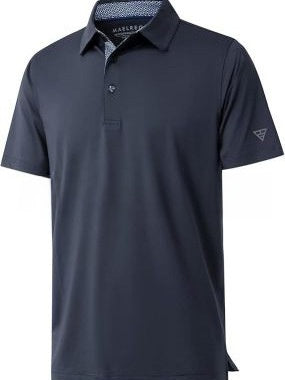 Men's short sleeve polo shirt with a solid body and a printed contrast collar, fitted cut in light polyester
