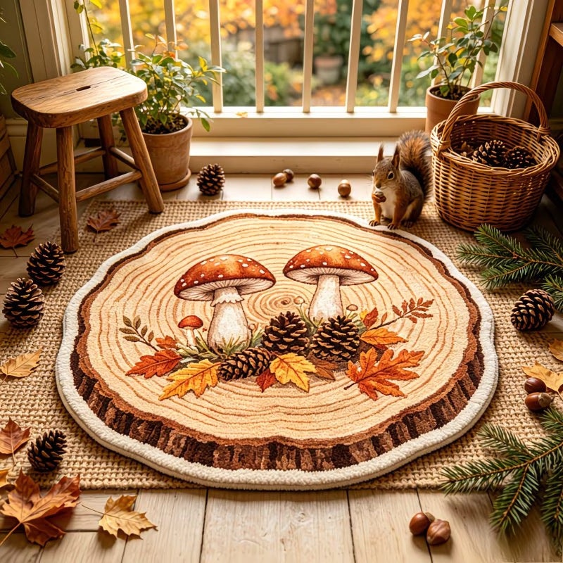 Wood slice shaped plush floor mat with a 3D mushroom and autumn leaf print