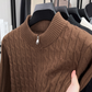 Mocha brown thick cable knit half zip sweater with a stand collar and neck zip