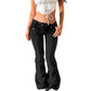 Womens flare jeans in solid black denim, front view with low rise waist and a moderate knee flare
