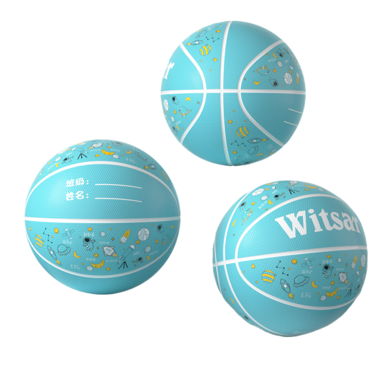 Light lake blue cartoon panda kids basketball with printed decorations on a display