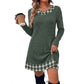 Grayish green ribbed knit long sleeve dress with plaid trim, variant photo for size S