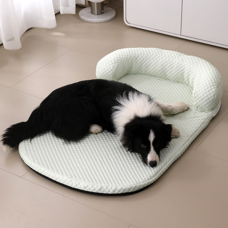 Breathable pea textured pet cooling bed with a rounded shape and light padding
