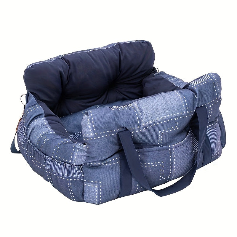 Padded car seat pet bed with raised bolster walls, carry handles and an inner clip product shot on a plain background