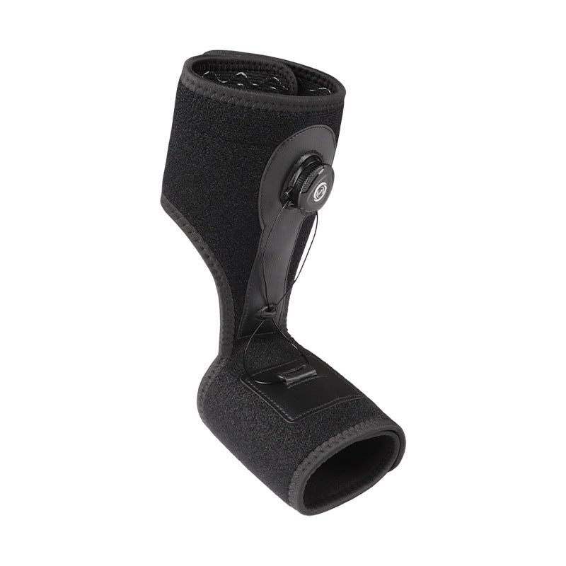 Black fabric ankle foot orthosis showing the aluminum spine, tension knob and cord