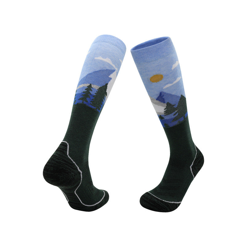 Long ski socks with a towel cushioned sole and an elastic cuff that holds the sock up