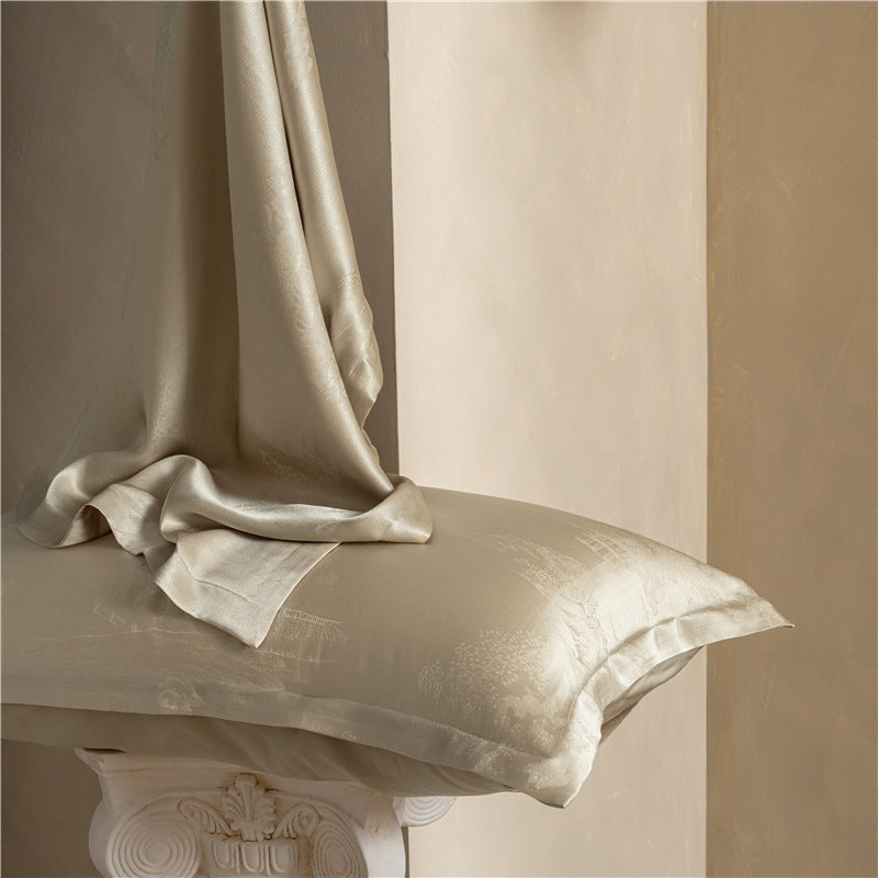 Lake And Mountain Khaki jacquard silk pillowcase in khaki beige with silk draped, single option