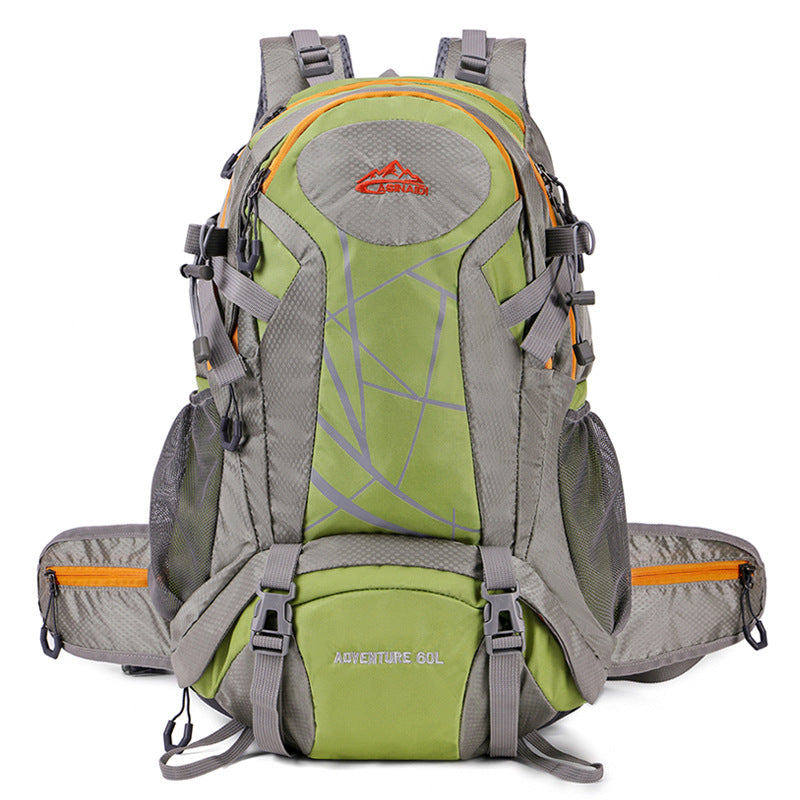 Green hiking backpack with gray sides, orange zipper trim and a hip belt, Green option
