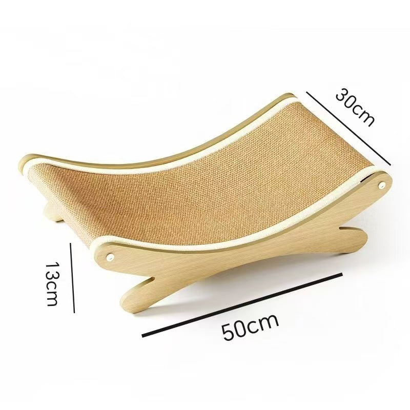 Warm wood tone cat scratcher lounger with a sisal hammock for scratching and napping