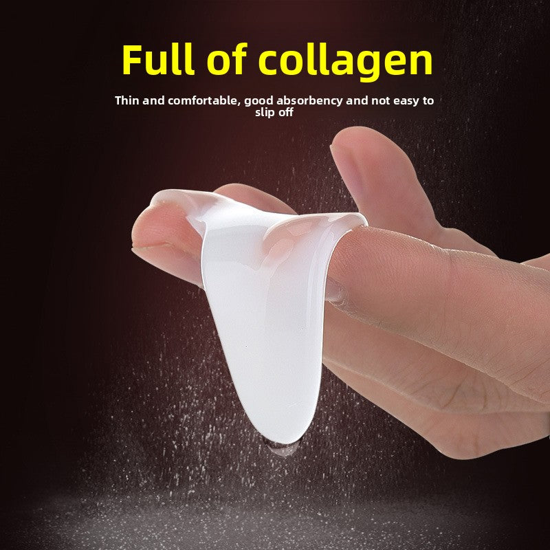 Side profile of a curved crescent under-eye gel patch showing the soft hydrogel edge
