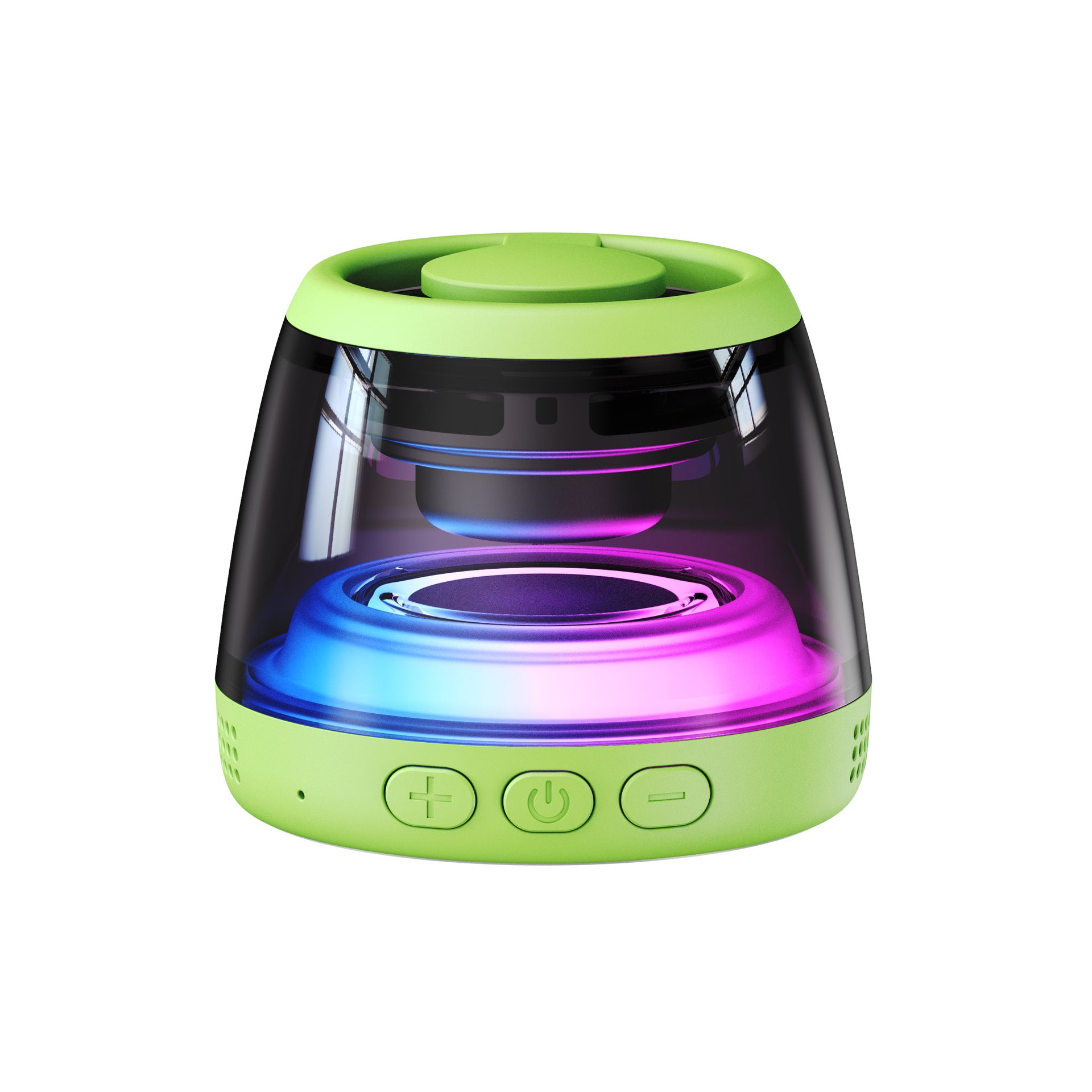 Iridescent speaker seen from the front with the light ring glowing blue