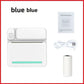 White thermal printer with a mint stripe beside its manual, USB cable and paper roll, C19 blue option
