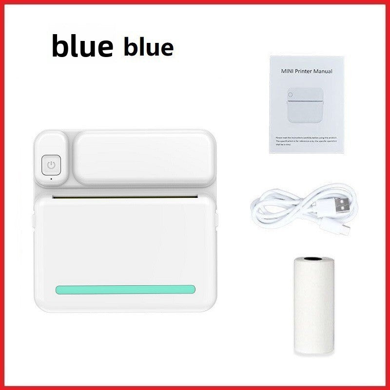 White thermal printer with a mint stripe beside its manual, USB cable and paper roll, C19 blue option