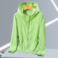 Fluorescent green hooded zip jacket with front zip and slanted zip pockets on a hanger