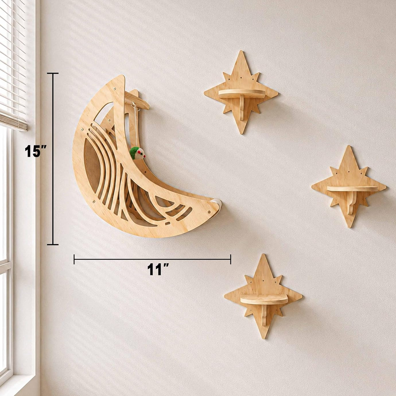 Grey cat leaping between wooden star shaped cat wall shelves in a home corner
