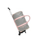 Black and white striped duffel travel bag with pink straps, a front zip pocket and a telescopic handle