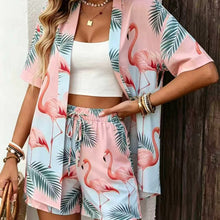 Women's Flamingo Print Cardigan and Shorts Set