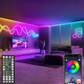 RGB neon LED strip lighting up a gaming and desk corner in use