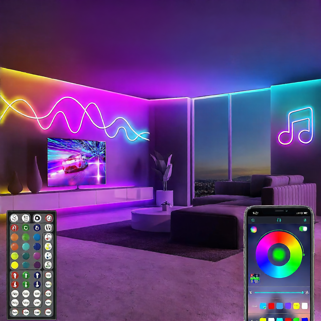 RGB neon LED strip lighting up a gaming and desk corner in use