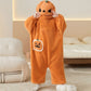 Orange coral fleece pumpkin onesie with hood and belly patch in a bedroom, Kids Pumpkin Jumpsuit XL 140-150cm option