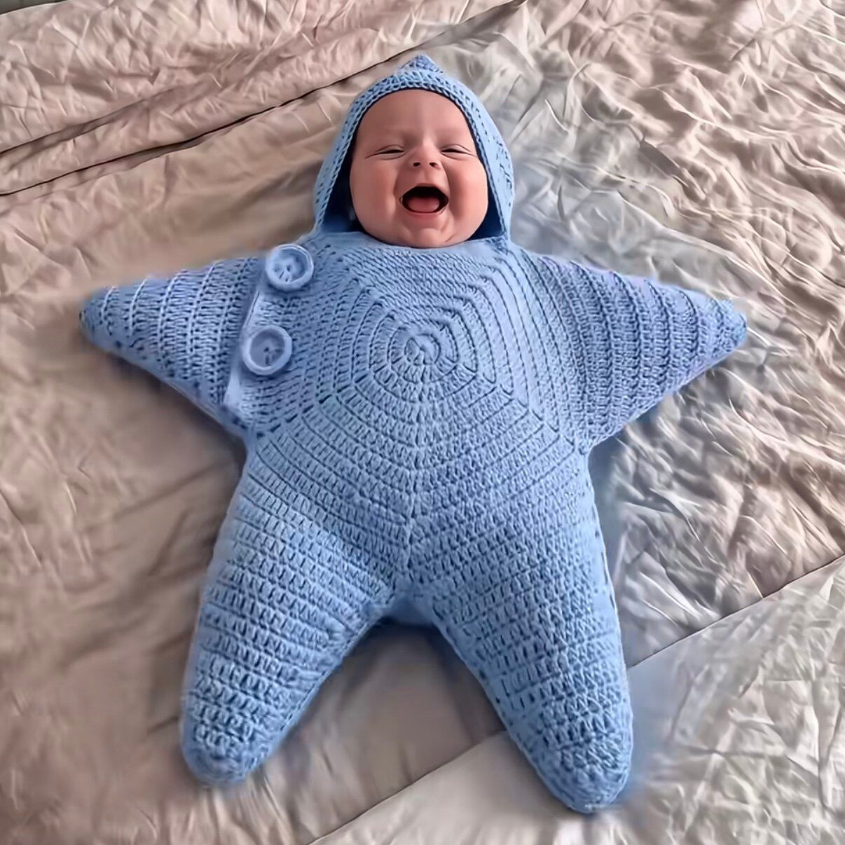 Purple and blue crochet star hooded baby buntings with side buttons worn by two babies