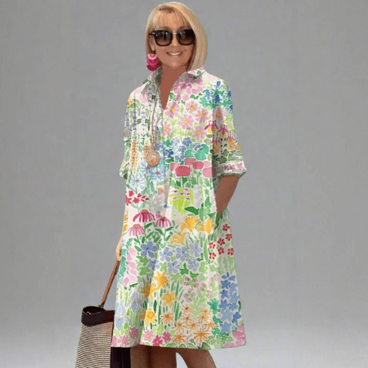 Multicolor Floral print polyester shirt collar long sleeve A-line midi dress on a standing model