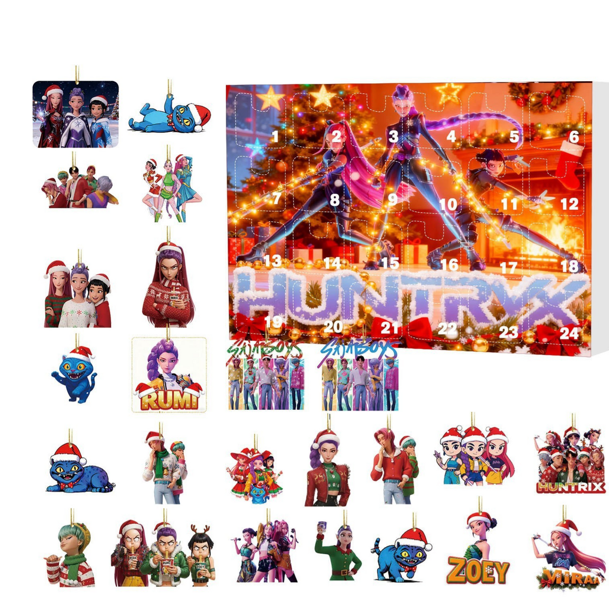 Huntrx advent calendar cover with glowing orange background and a sheet of 24 festive character ornaments
