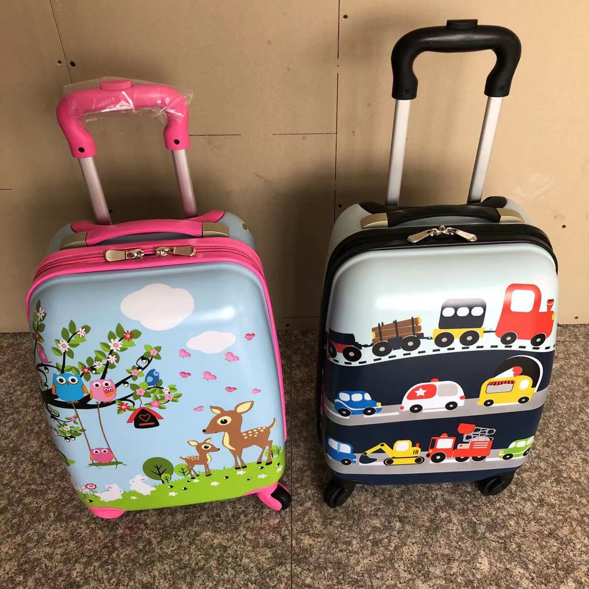 Side view of kids hardshell trolley suitcase showing zip closure and lock latch