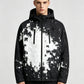 Man wearing the black hooded jacket with a white splash ink print, option photo for size M