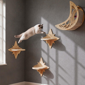 Star and Moon Wooden Cat Wall Shelf and Bed