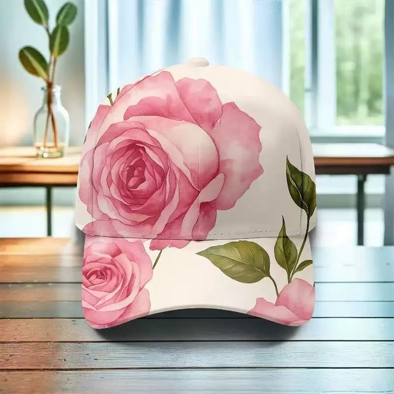 Curved peak cap with a painterly floral print in warm garden colours