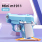 Blue and white moulded model pistol fidget on an orange stand, diamond textured grip