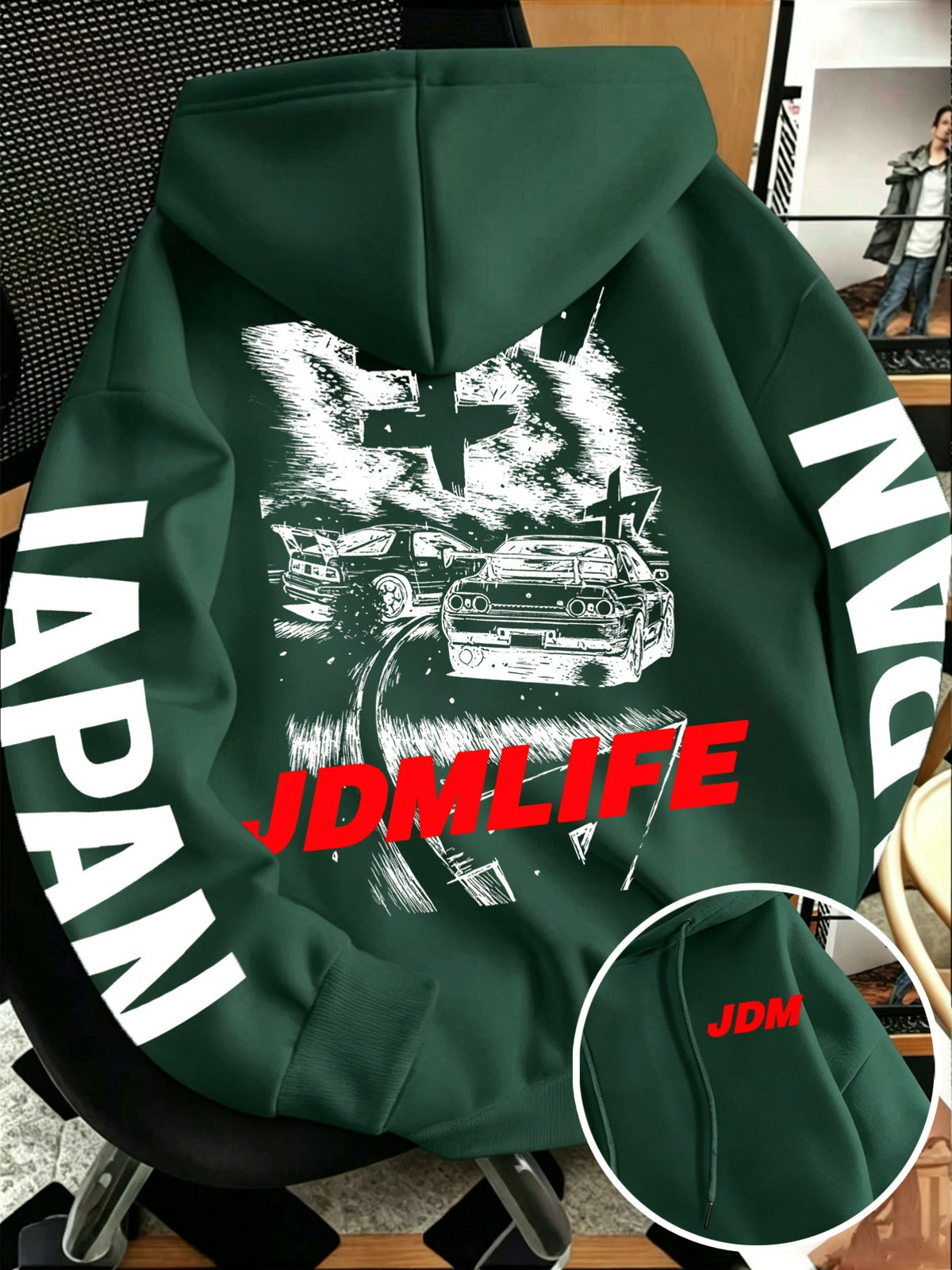 JDM drift hoodie back print with silhouetted cars on a mountain road and red JDMLIFE text