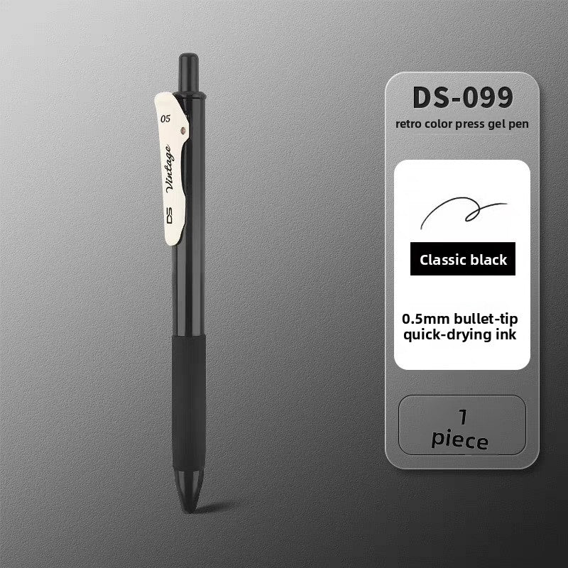 Black retractable gel pen on a matching background, labeled Classic black, Black 1pc