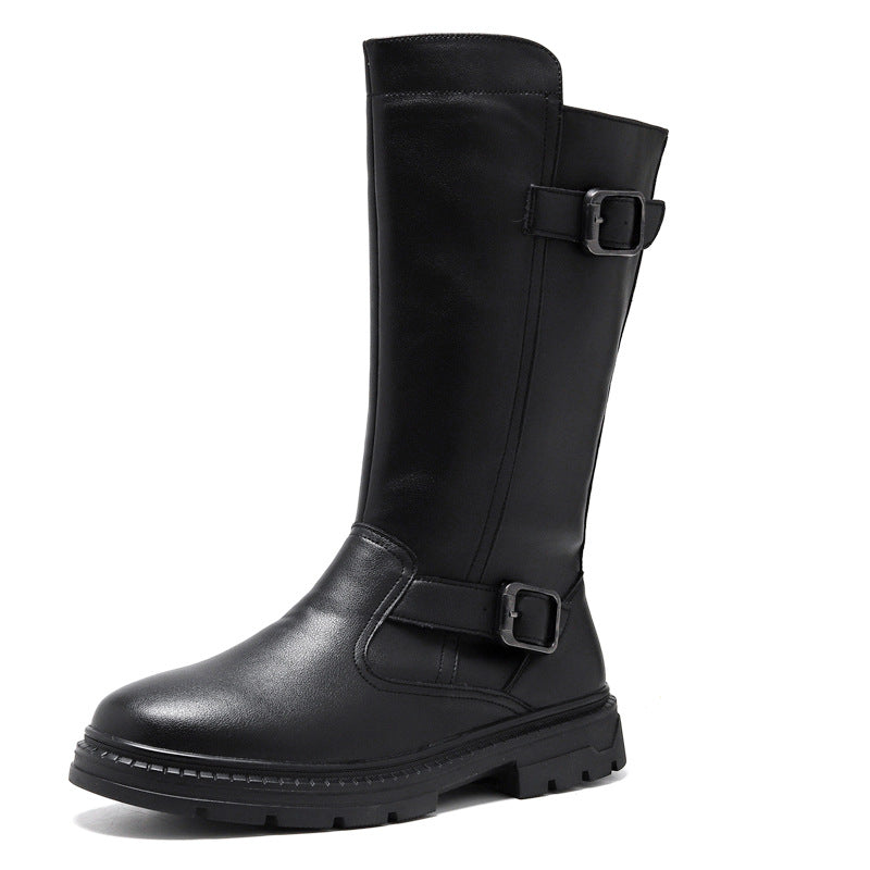 Tall black buckle boot with chunky lug sole on a white background, black option, size 39