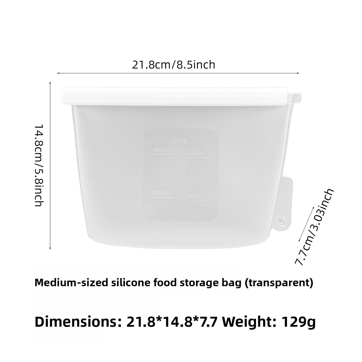 Reusable clear silicone food storage bag, 800ml size, standing sealed upright
